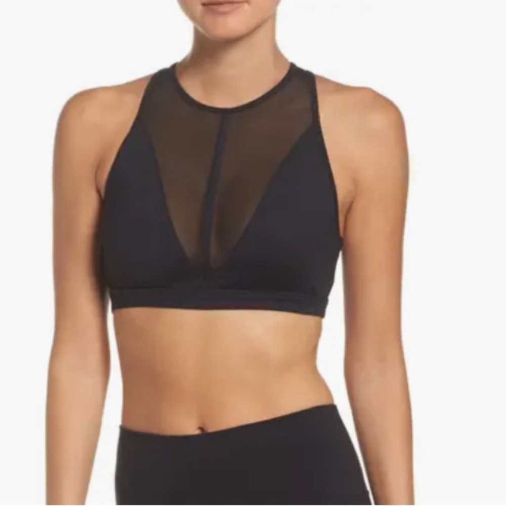 Alo Empower High Neck Mesh Yoga Bra Sz Small, Black Athletic Running Crisscross